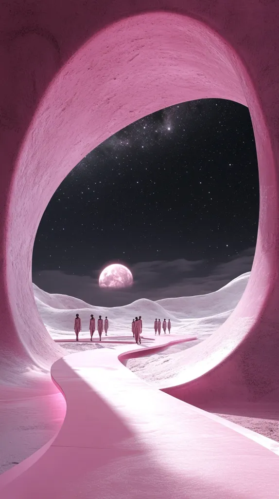 A surreal, minimalist landscape unfolds under a starry night sky. A large, pink, curved structure frames a view of a lunar surface with a large pink moon.  Small figures in pink garments walk along a winding path leading towards the moonlit hills. The scene is dreamlike and otherworldly, suggesting a journey or pilgrimage. The pink tones create a unified, serene atmosphere.