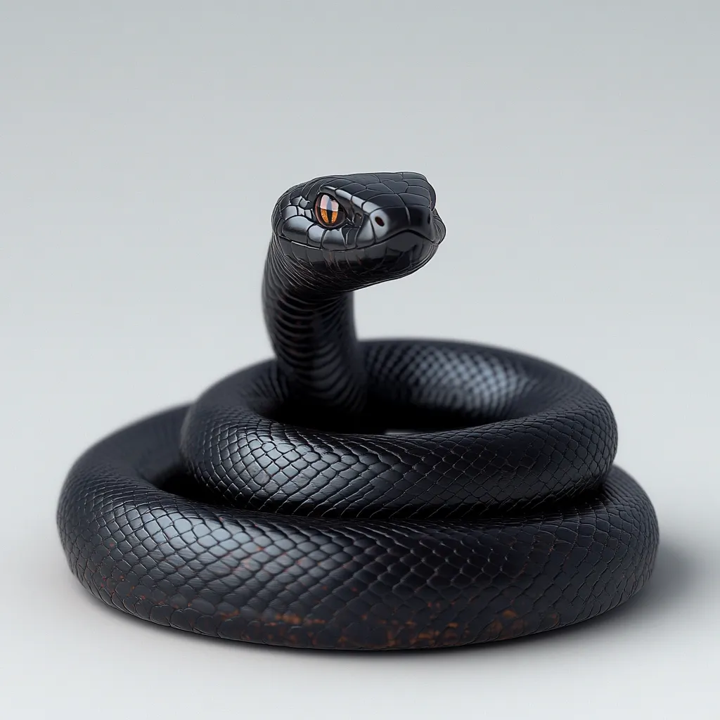 A jet-black snake, coiled tightly on a light gray background, is captured in a close-up shot.  Its scales are meticulously detailed, and its amber eyes are visible as it lifts its head, creating a dramatic and slightly ominous visual. The image emphasizes the snake's sleek, dark form against the minimalist backdrop.  The overall impression is one of power and subtle menace.