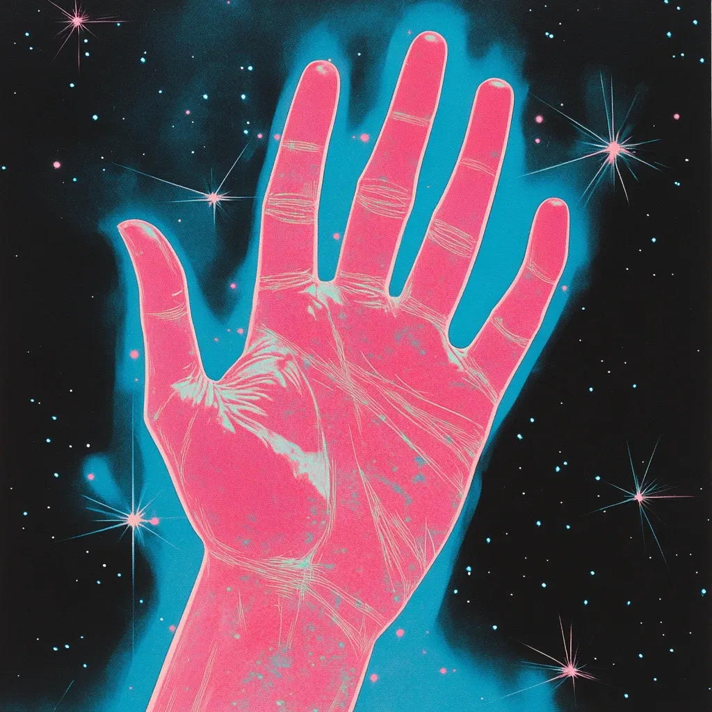 A vibrant pink hand, seemingly reaching out, is the focal point against a dark blue, star-studded background.  The hand is rendered in a stylized manner, with visible lines and texture, giving it a slightly surreal or ethereal quality.  Bright, sparkling stars punctuate the cosmic backdrop, enhancing the otherworldly atmosphere. The contrast between the warm hand and cool background creates a visually striking image.