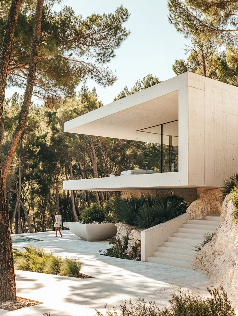 A modern, minimalist concrete house nestled in a pine forest.  The building features clean lines, a cantilevered upper level, and large windows offering panoramic views.  A woman walks along a paved pathway leading to the house, which is partially built into a rocky hillside with landscaped gardens.  The overall aesthetic is serene and luxurious.