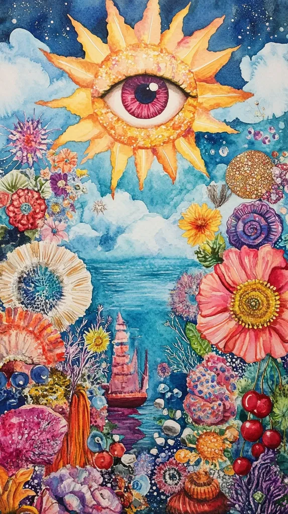 A vibrant watercolor painting depicts a surreal underwater scene. A sun with an eye at its center dominates the upper portion, radiating warmth over a tranquil ocean.  Below, a fantastical coral reef bursts with color, teeming with diverse flora and fauna. A pink sailboat sails serenely in the distance, adding a touch of mystery to this imaginative composition.  The artwork blends elements of nature and fantasy in a dreamlike, captivating way.