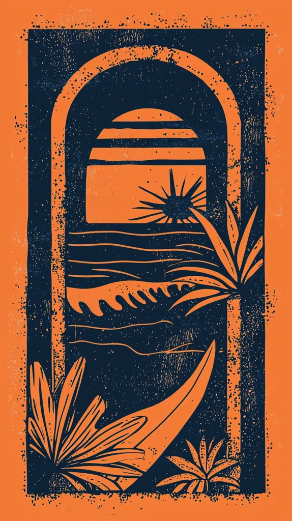 A stylized illustration depicts a sunset over an ocean scene, framed within an archway.  The artwork uses bold orange and dark blue colors, with a textured, almost linocut-like aesthetic. Tropical plants flank the arch, adding to the overall beachy vibe. A surfboard rests at the bottom, completing the summery composition.  The style is reminiscent of vintage travel posters or mid-century modern design.