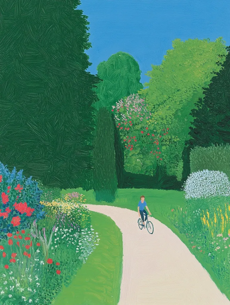 A cyclist in a blue shirt pedals along a light beige path winding through a vibrant green park. Lush greenery lines the path, interspersed with bursts of colorful flowers in red, pink, and white.  Tall, dark green trees form a backdrop under a clear blue sky. The scene is painted in a stylized manner with visible brushstrokes, giving a textured, almost impressionistic feel.