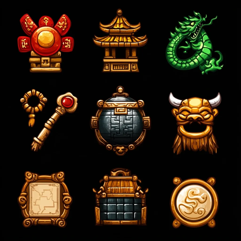 Nine stylized illustrations depict various Asian-inspired artifacts.  These include a red circular shrine, a golden pagoda, a green dragon, a key with a ruby, a stone sphere in a golden frame, a golden mask, a golden frame with a map, a golden chest, and a circular gold emblem.  The style is cartoonish, with rich gold and dark accents against a black background.  They appear to be game assets or icons.