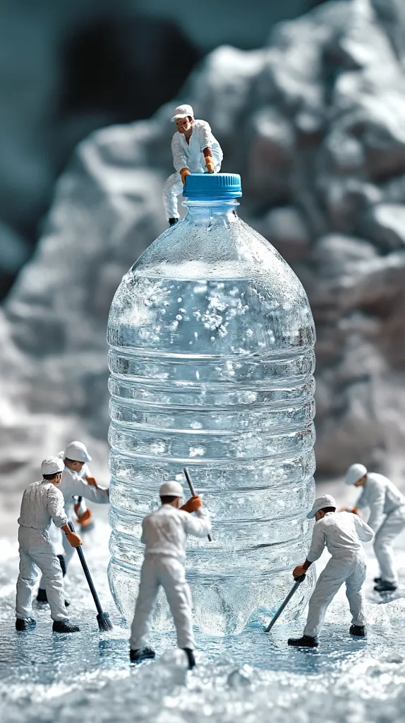 Miniature workers, dressed in white, meticulously clean a giant plastic water bottle.  One worker precariously balances on the bottle's cap.  The scene is set against a blurred, icy backdrop, emphasizing the scale and creating a surreal, artistic effect. The image may symbolize the scale of plastic waste or the effort required for environmental cleanup.