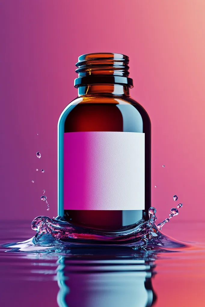 A dark amber glass bottle with a blank white label sits in vibrant purple and pink water.  Water droplets splash around the bottle's base, creating a dynamic contrast against the still bottle. The image is stylized with a glossy, almost iridescent quality to the liquid and bottle.  The background is a blurred gradient of pink and purple.