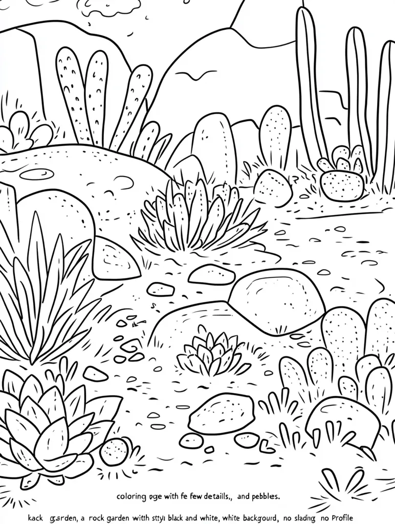 A black and white coloring page depicting a stylized rock garden.  Various succulents and cacti are interspersed among rocks and pebbles. The background is simple, with subtly rendered hills. The style is minimalist, with few details, focusing on the shapes and outlines of the desert plants.  It's suitable for children or adults who enjoy simple coloring activities.