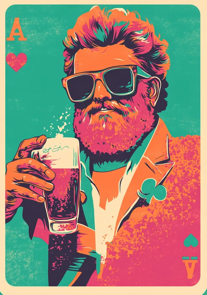 A stylized illustration of a man resembling Dale Gribble from the animated sitcom King of the Hill.  He's depicted as the Ace of Clubs playing card, sporting sunglasses, a full beard, and holding a glass of beer. The vibrant, retro color palette and textured background contribute to a vintage poster aesthetic.  The design is bold and eye-catching, capturing the character's essence in a playful, artistic manner.