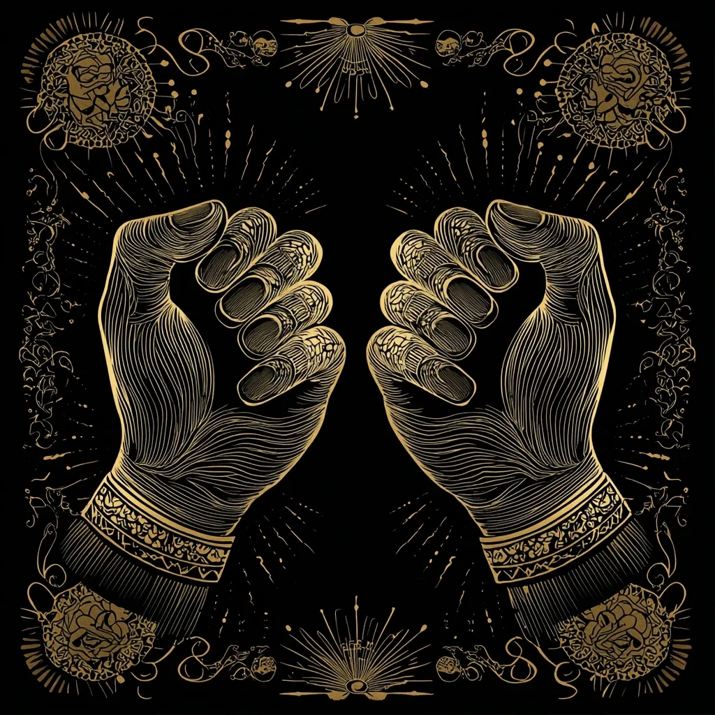 A striking illustration features two intricately detailed golden fists, positioned centrally against a black background.  The fists are adorned with ornate bracelets and floral designs, creating a symmetrical composition.  The background is filled with decorative flourishes, bursts of light, and swirling patterns, enhancing the image's mystical and powerful aesthetic. The style suggests a blend of art nouveau and woodcut techniques.