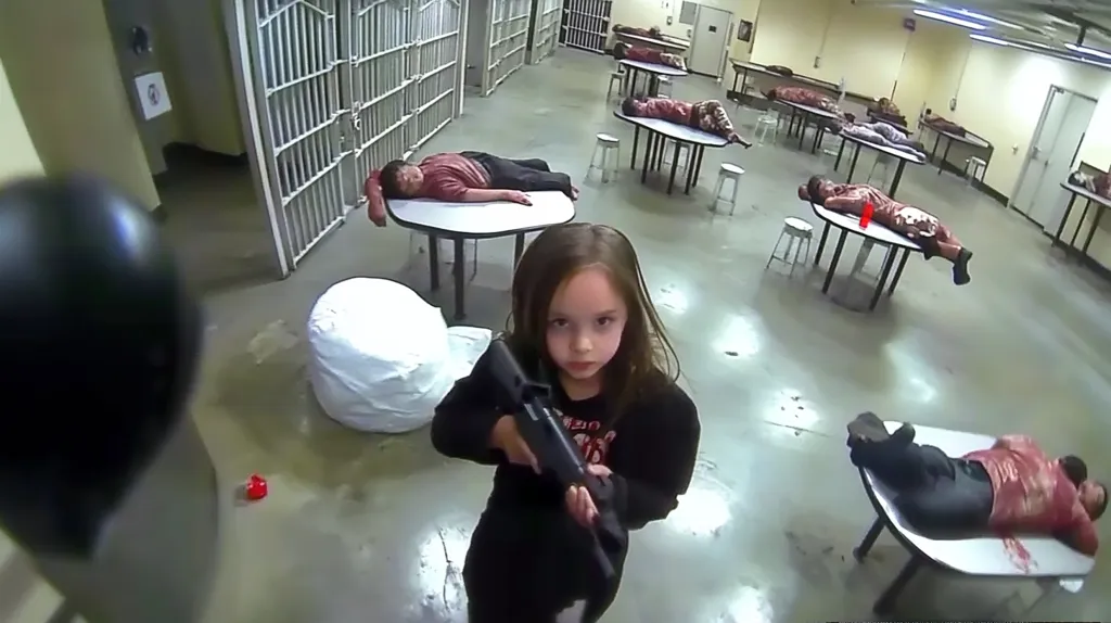 A young girl holds a rifle in a room with numerous people lying on tables, appearing injured or deceased. The setting resembles a prison or training facility.  The scene is unsettling, suggesting a potentially violent or disturbing event. The girl's expression is serious and focused on the weapon. The overall image is stark and creates a sense of unease.