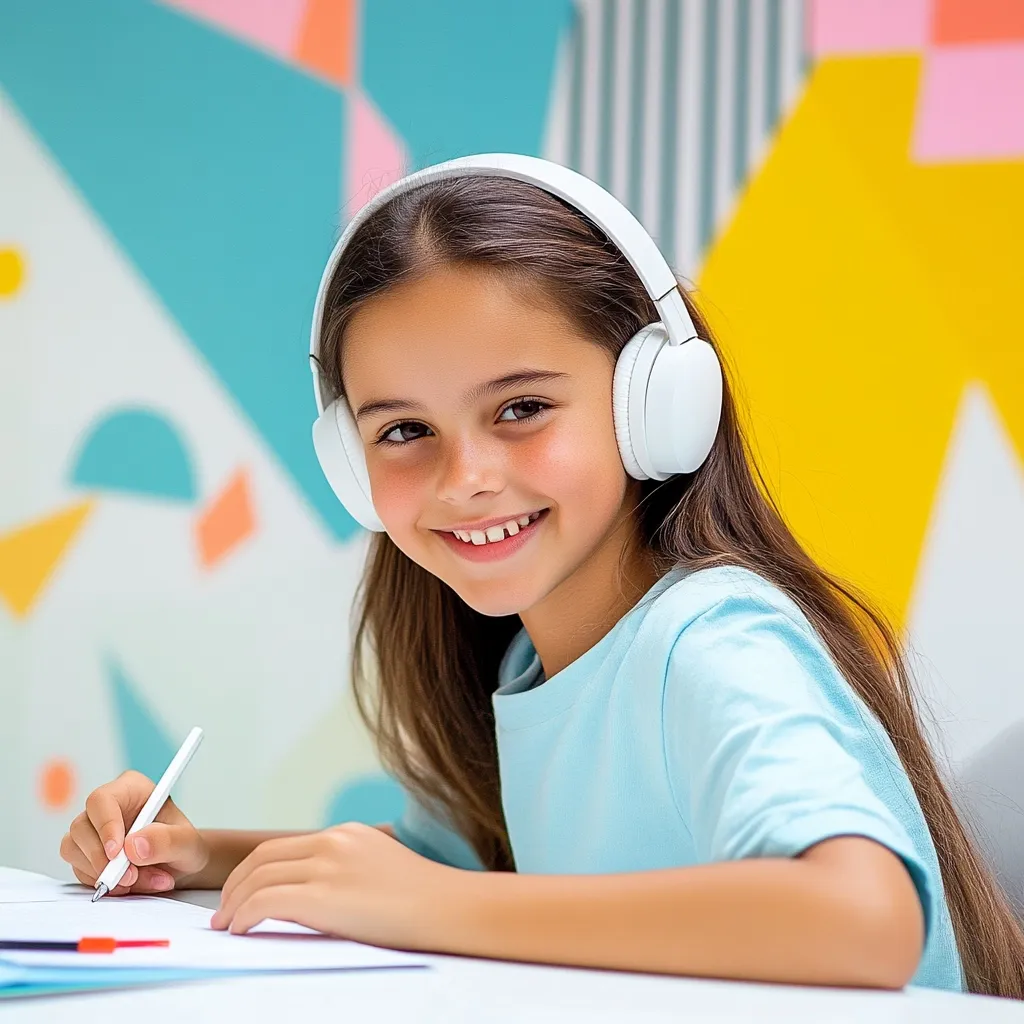 A smiling girl with long brown hair wears white headphones and sits at a table against a colorful background.  She holds a pen and appears to be writing or drawing on a piece of paper. Her expression is happy and engaged in her activity. The vibrant backdrop suggests a playful or creative environment, possibly a classroom or home study area.