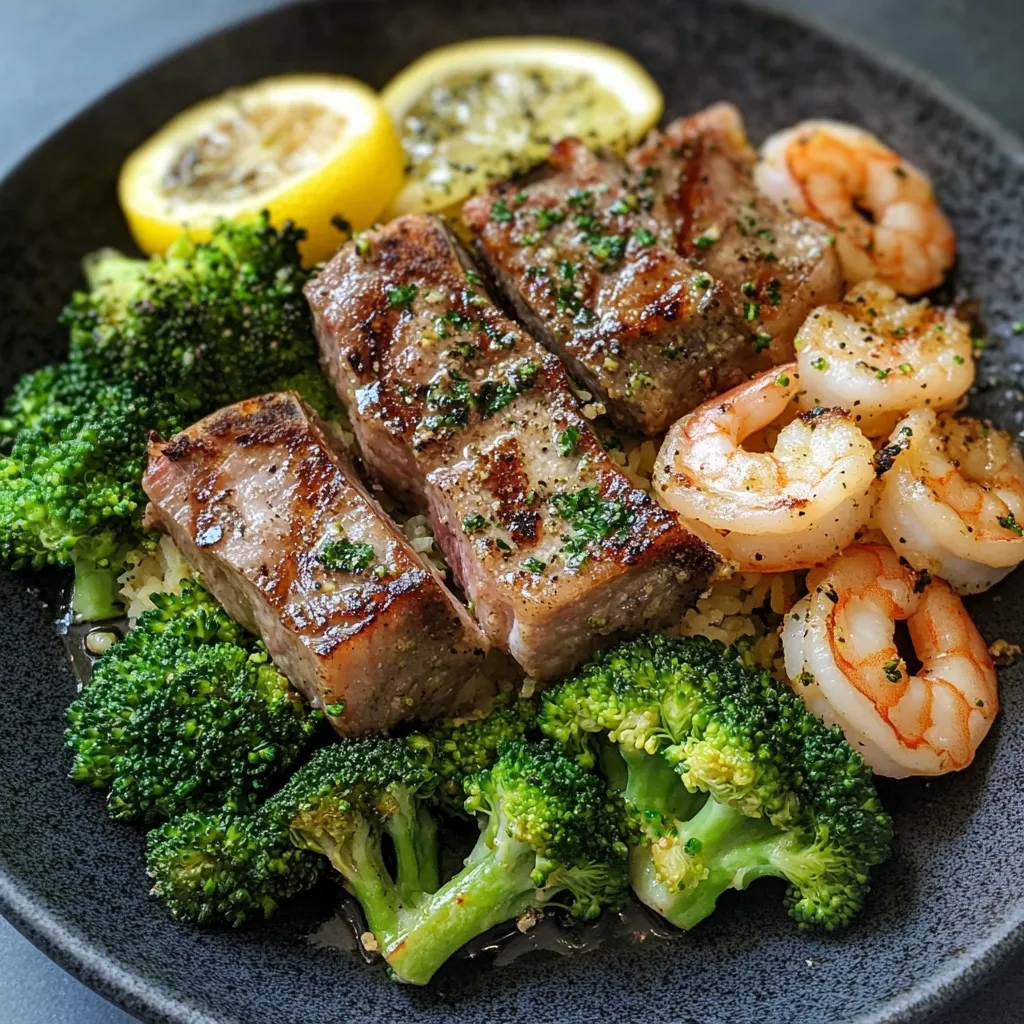 A vibrant and healthy meal is presented on a dark grey plate.  Grilled steak pieces, seasoned with herbs, are arranged atop a bed of fluffy rice.  Bright green broccoli florets and succulent cooked shrimp surround the steak. Lemon wedges add a touch of citrusy freshness to the dish.  The image showcases a delicious and visually appealing meal.