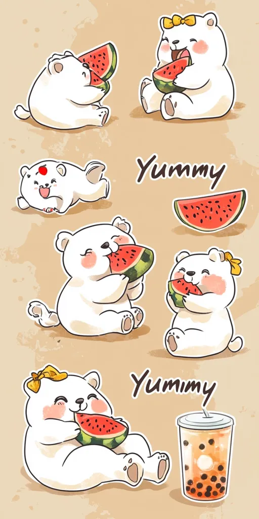 Adorable cartoon polar bears enjoy juicy watermelon slices.  Various poses and expressions showcase their delight.  One bear even sports a cute yellow bow.  The cheerful scene includes a refreshing bubble tea drink and the word "Yummy" emphasizes the sweet treat. The illustration is done in a lighthearted, sticker-like style on a textured beige background.