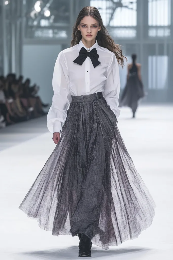 A fashion model walks a runway in a flowing ensemble.  She wears a crisp white oversized shirt with a black bow tie, paired with a long, pleated charcoal grey skirt that appears to have a sheer overlay.  The skirt's texture is visible, creating a subtle shimmer.  The model's dark hair is loose, and she wears dark ankle boots.  The background suggests a minimalist runway setting.