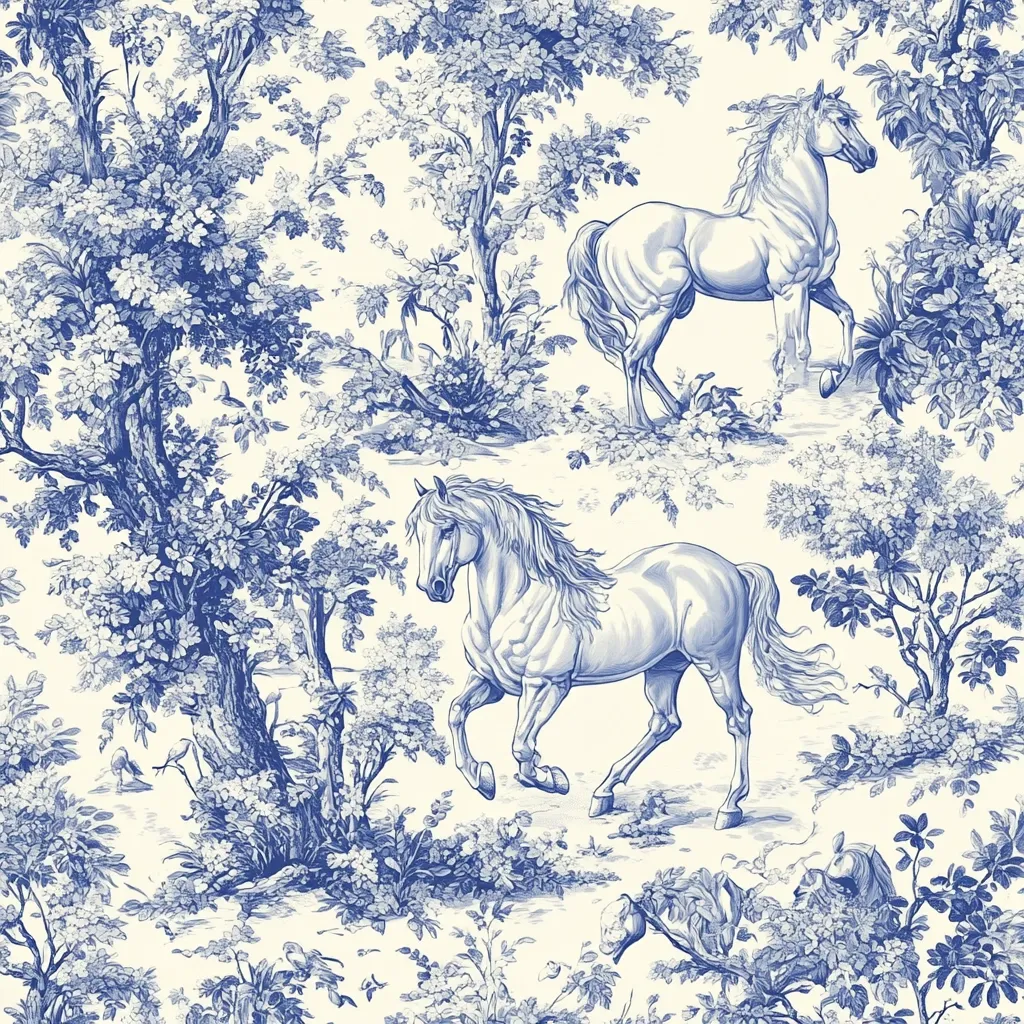 A toile-style pattern features two majestic horses amidst a lush blue and white woodland scene.  The horses, rendered in intricate detail, are depicted in a pastoral setting, surrounded by flowering trees and shrubs.  The overall effect is elegant and serene, evoking a sense of classic French countryside charm.  The repeating pattern is suitable for various home décor applications.