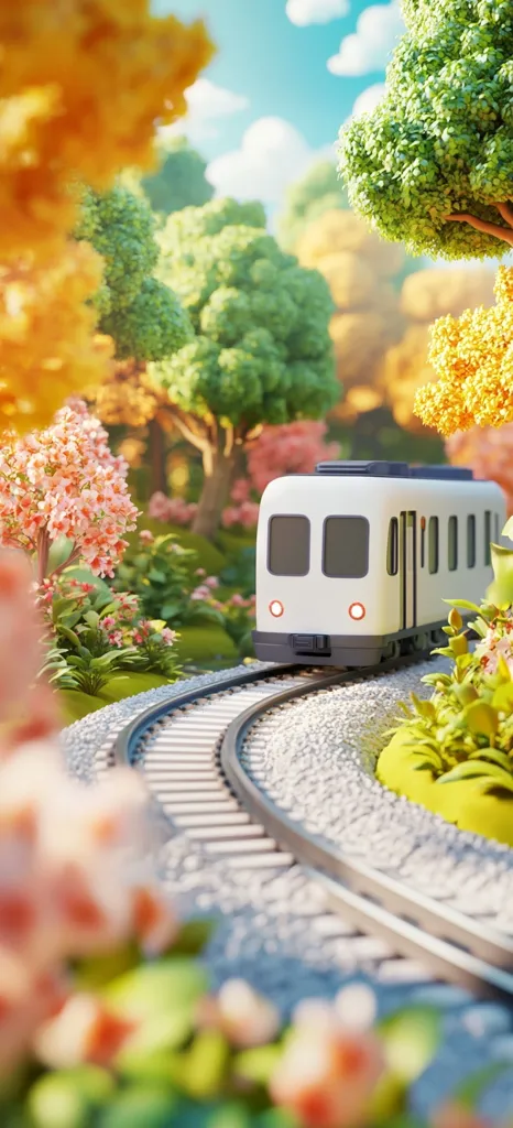 A charming miniature train travels along a curving track nestled within a vibrant, stylized landscape.  Lush, cartoonish trees in varying shades of green and orange create a picturesque autumnal setting.  Delicate pink flowers bloom alongside the track, adding to the whimsical and idyllic scene.  The overall aesthetic is cheerful and playful.