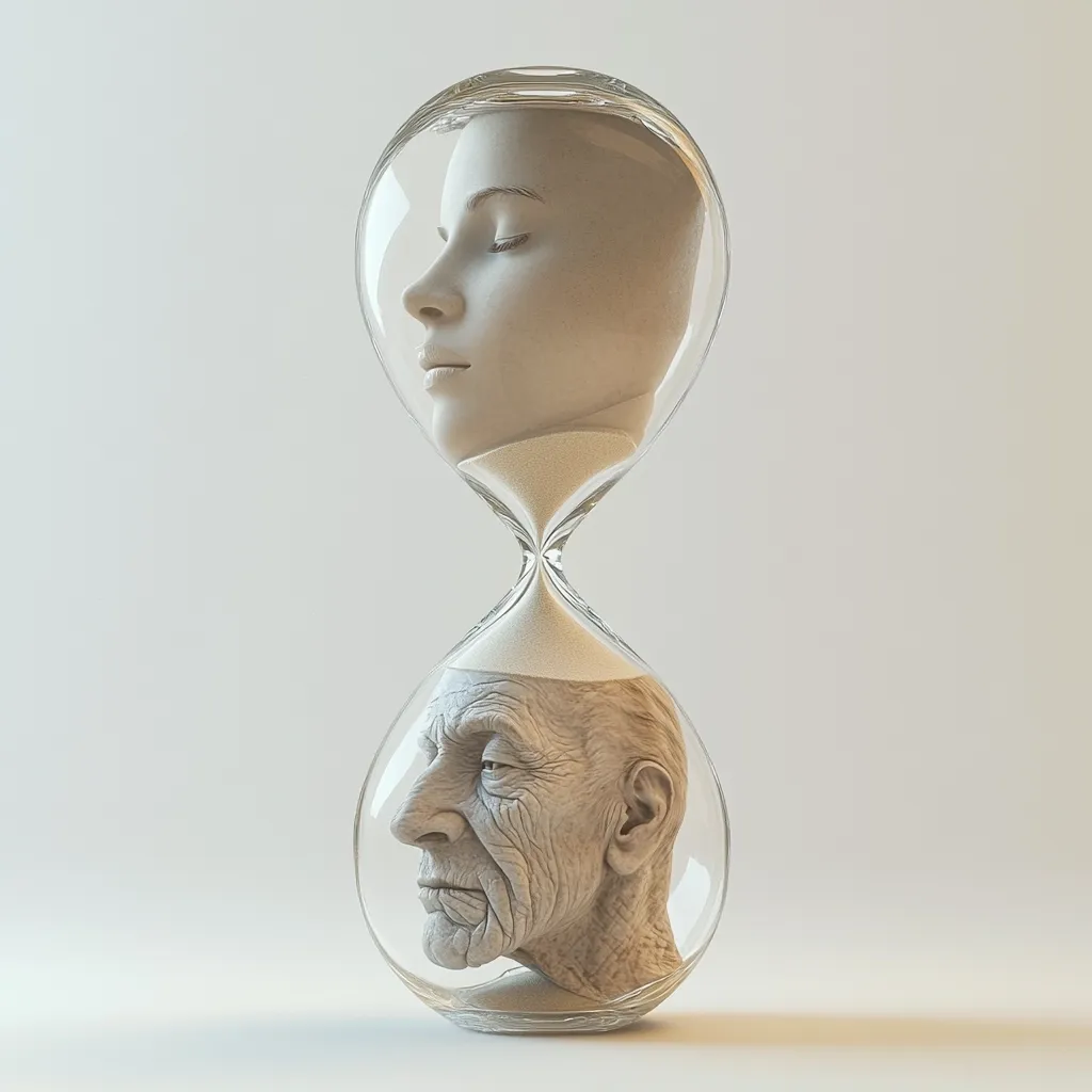 A glass hourglass contains sculpted heads; a young woman's face in the upper bulb, and an old man's in the lower.  Sand flows between them, visually representing the passage of time and the inevitable aging process.  The monochromatic palette and smooth textures create a serene yet poignant image of life's journey.
