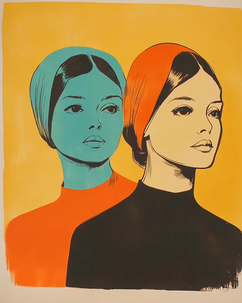 A vibrant artwork depicts two women, side-by-side, each wearing a headscarf in contrasting colors – teal and orange. Their faces are rendered in a bold, graphic style, with strong lines and flat areas of color against a sunny yellow background. The women's expressions are serious and their attire is simple, yet the overall effect is striking and stylish, reminiscent of mid-century modern design.  The piece utilizes bold color blocking and clean lines to create a visually compelling image.