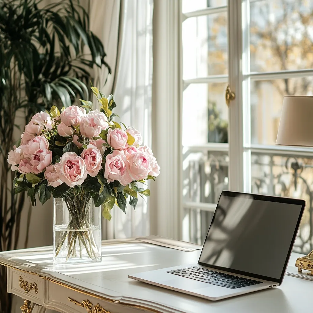 A sunlit white desk sits near a window, adorned with a large bouquet of light pink peonies in a clear glass vase. A laptop computer rests open on the desk, its screen dark.  A table lamp with a cream-colored shade is partially visible in the corner. The overall scene is elegant and serene, evoking a feeling of calm productivity.