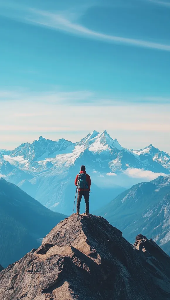 A lone hiker stands on a mountain peak, gazing at a breathtaking panorama of snow-capped mountains under a vibrant blue sky.  The hiker, equipped with a backpack and trekking poles, enjoys a moment of solitude and accomplishment amidst the vast, majestic landscape. The scene evokes a sense of adventure, freedom, and the beauty of nature's grandeur.