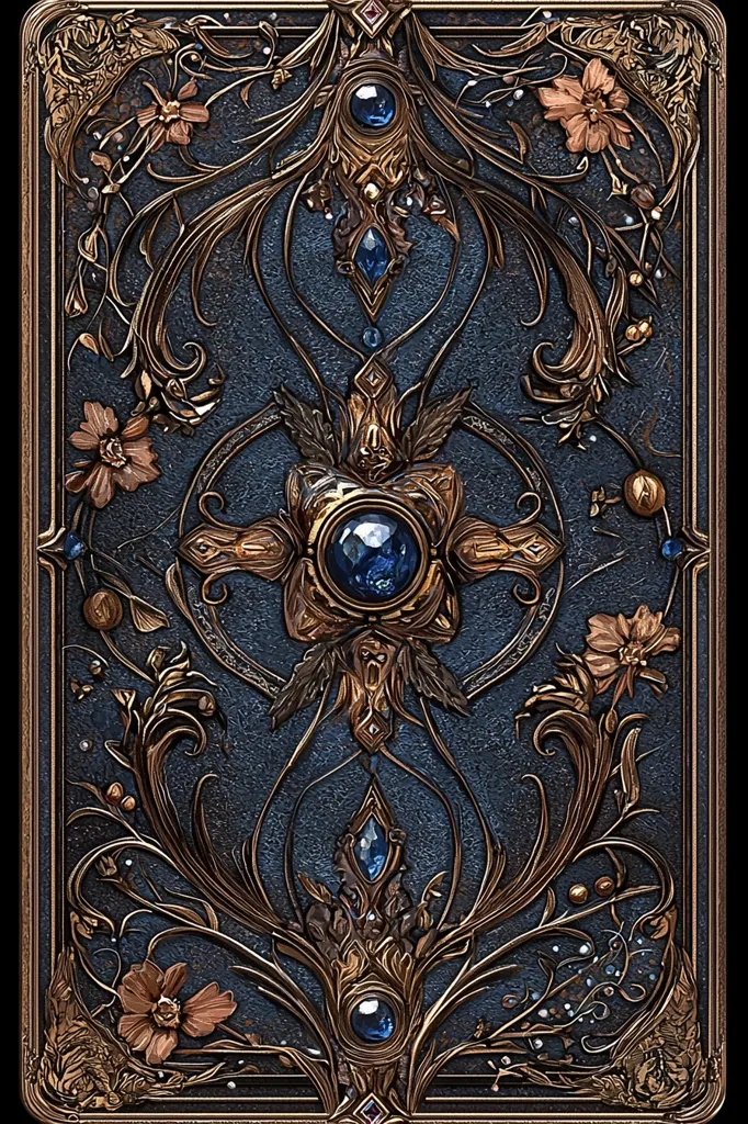 The image shows a richly detailed, ornate book cover.  A deep blue background is adorned with intricate gold filigree, featuring swirling floral patterns and leaves.  Several large and small sapphires are embedded within the design, adding a touch of regal splendor. The overall style evokes a sense of fantasy or classic literature, possibly a grimoire or magical text. The craftsmanship is highly detailed, suggesting luxury and artistry.