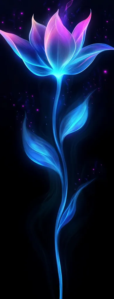 A vibrant, ethereal flower blossoms against a dark background.  Its petals glow with a gradient of blues and pinks, resembling a luminous, otherworldly bloom.  Delicate, flowing lines suggest a gentle breeze, and faint purple sparkles add a touch of magic to the scene.  The overall effect is one of serene beauty and mystical enchantment.