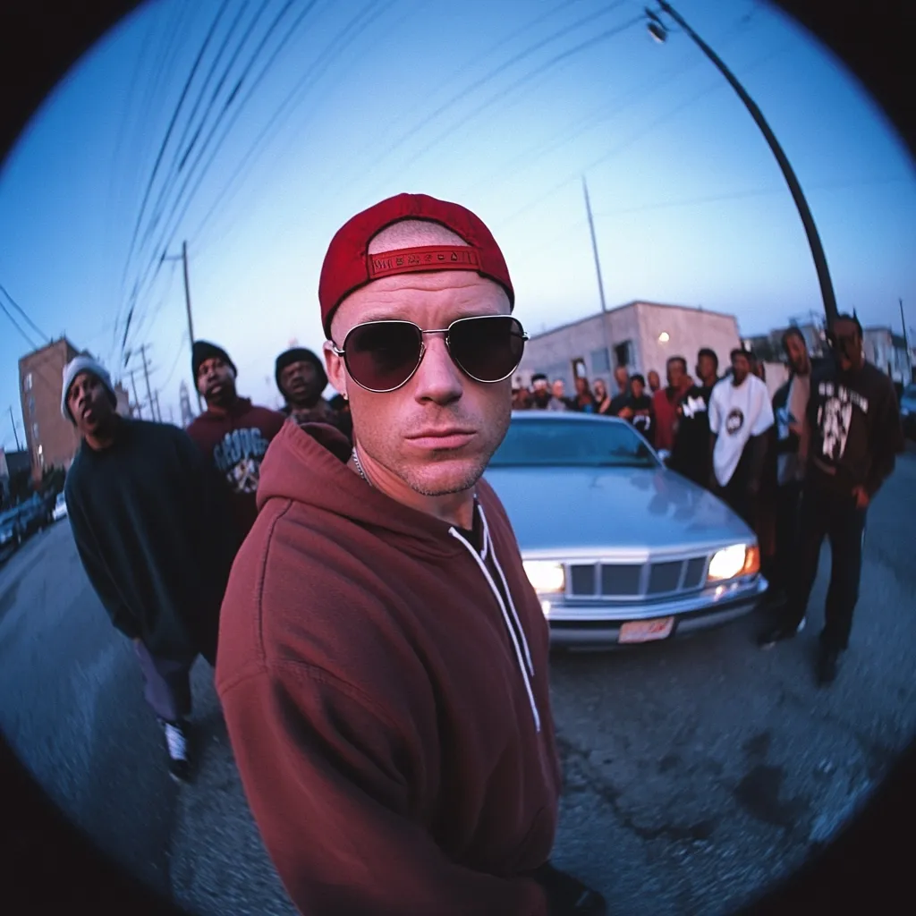 A fisheye lens captures a candid moment of a rapper, possibly in a music video or promotional photoshoot.  He's prominently featured in the foreground, wearing a red hoodie and sunglasses, with a group of people and a car behind him.  The setting appears to be an urban street at dusk.  The image conveys a sense of street-level hip-hop culture.