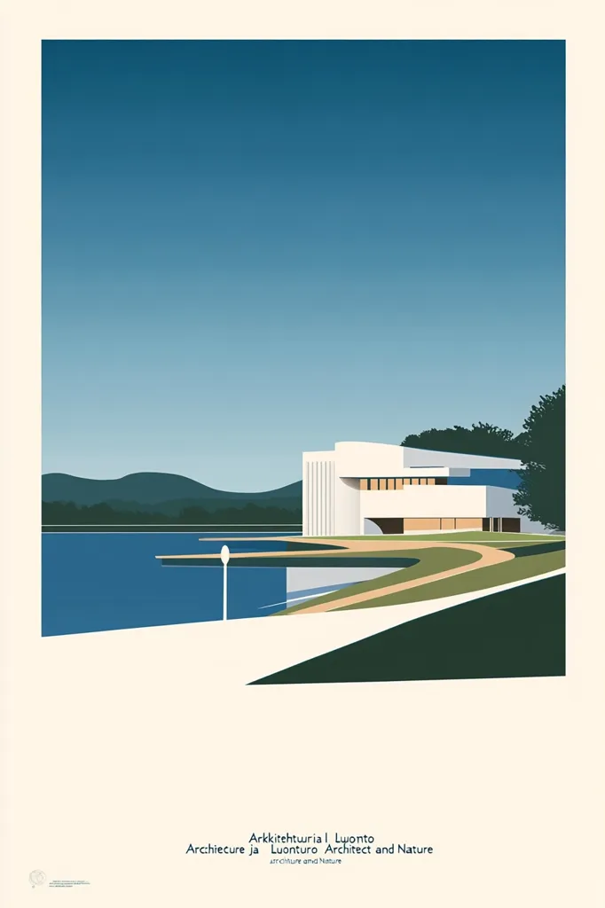 A minimalist poster depicts a modern, white building situated on a tranquil waterfront.  The structure's clean lines contrast with the serene landscape of water, hills, and greenery.  The simple, geometric shapes and muted color palette create a calming, almost utopian aesthetic. The artist's name and the title "Architecture and Nature" are subtly displayed at the bottom. The overall style is geometric and stylized, suggesting a focus on architectural design in harmony with its environment.