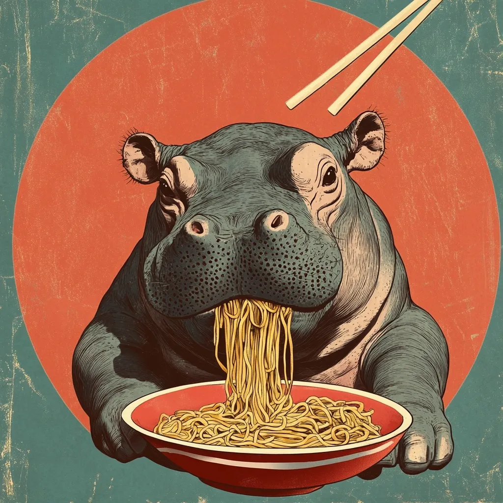 A stylized illustration depicts a hippopotamus contentedly consuming a bowl of noodles.  The hippopotamus holds the bowl with its paws, long strands of noodles hanging from its mouth.  Chopsticks are visible in the background, suggesting the dining setting. The overall style is reminiscent of vintage poster art, with a muted color palette and textured background.  The image is humorous and unexpected, contrasting the hippo's size with the delicate noodles.