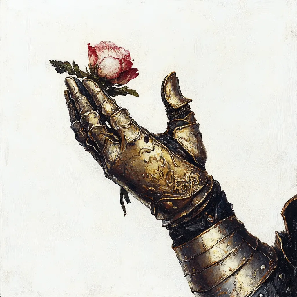 A knight's ornate, golden gauntlet gently cradles a delicate pink rose.  The contrast between the rough, metallic armor and the soft, fragile flower creates a striking image.  The painting's style is painterly, with visible brushstrokes adding texture and depth to the scene. The background is a simple, off-white canvas, drawing focus to the central figures. The overall effect is one of surprising tenderness and unexpected beauty.