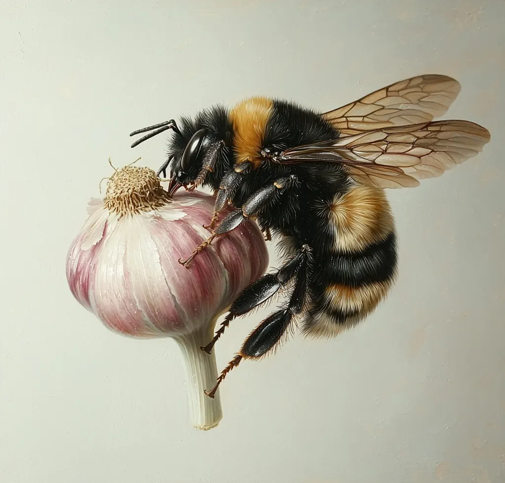 A hyperrealistic painting depicts a large bumblebee meticulously perched atop a single clove of garlic. The bee's intricate details, from its fuzzy body to its translucent wings, are strikingly lifelike. The garlic bulb, with its delicate pink and white hues, provides a stark yet harmonious contrast to the bee's dark and yellow tones.  The artist's skill creates an almost three-dimensional effect, making the subjects appear incredibly tangible.