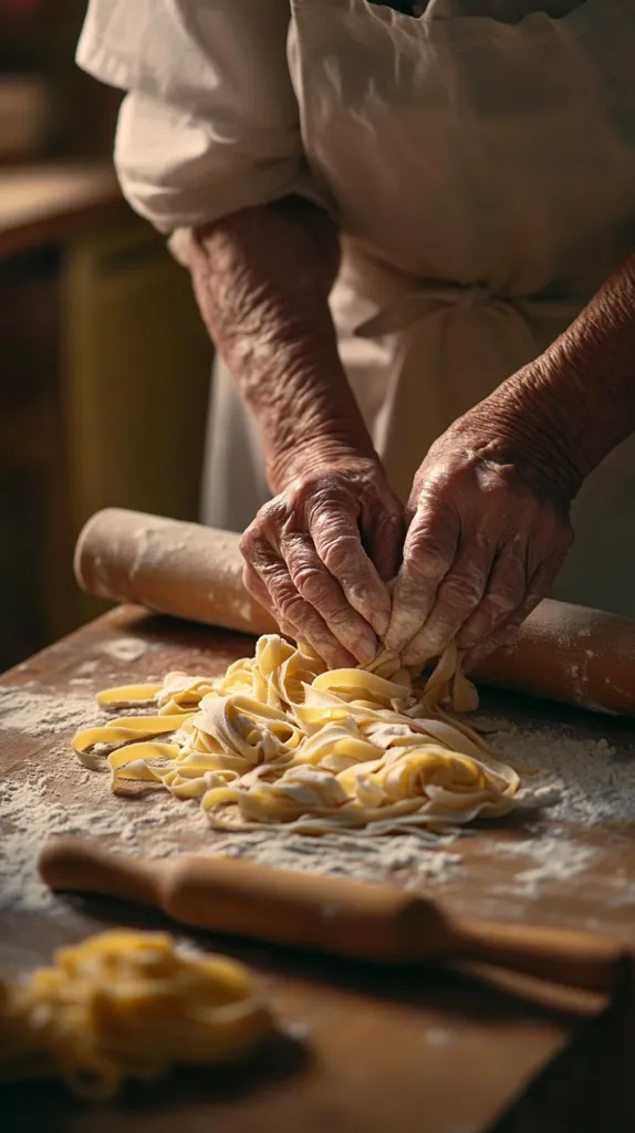 Close-up view of elderly hands expertly working with freshly made pasta.  The hands, dusted with flour, are gently shaping and separating strands of pasta that lay on a wooden surface, scattered with flour. A rolling pin rests nearby.  The scene evokes a sense of tradition and home-style cooking.