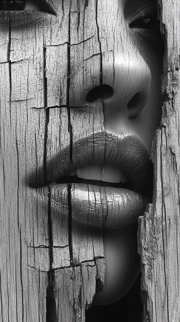 A close-up, monochrome image reveals a woman's face partially concealed behind weathered, cracked wood.  Her lips, coated in a metallic sheen, are prominent, juxtaposed against the rough texture of the wood.  The grayscale palette enhances the contrast between the smooth skin and the aged wood, creating a striking visual effect.  The image evokes themes of age, decay, and the contrast between nature and humanity.