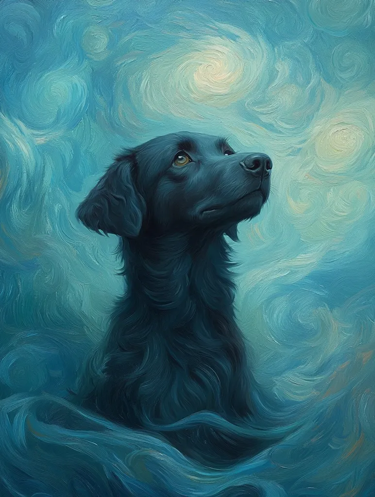 A black dog, rendered in a style reminiscent of Van Gogh's "Starry Night," gazes upward.  The dog's dark fur contrasts with the swirling, teal and blue background, creating a dreamlike, ethereal effect.  The thick brushstrokes emphasize the texture of both the dog's coat and the night sky.  The overall mood is peaceful and contemplative.
