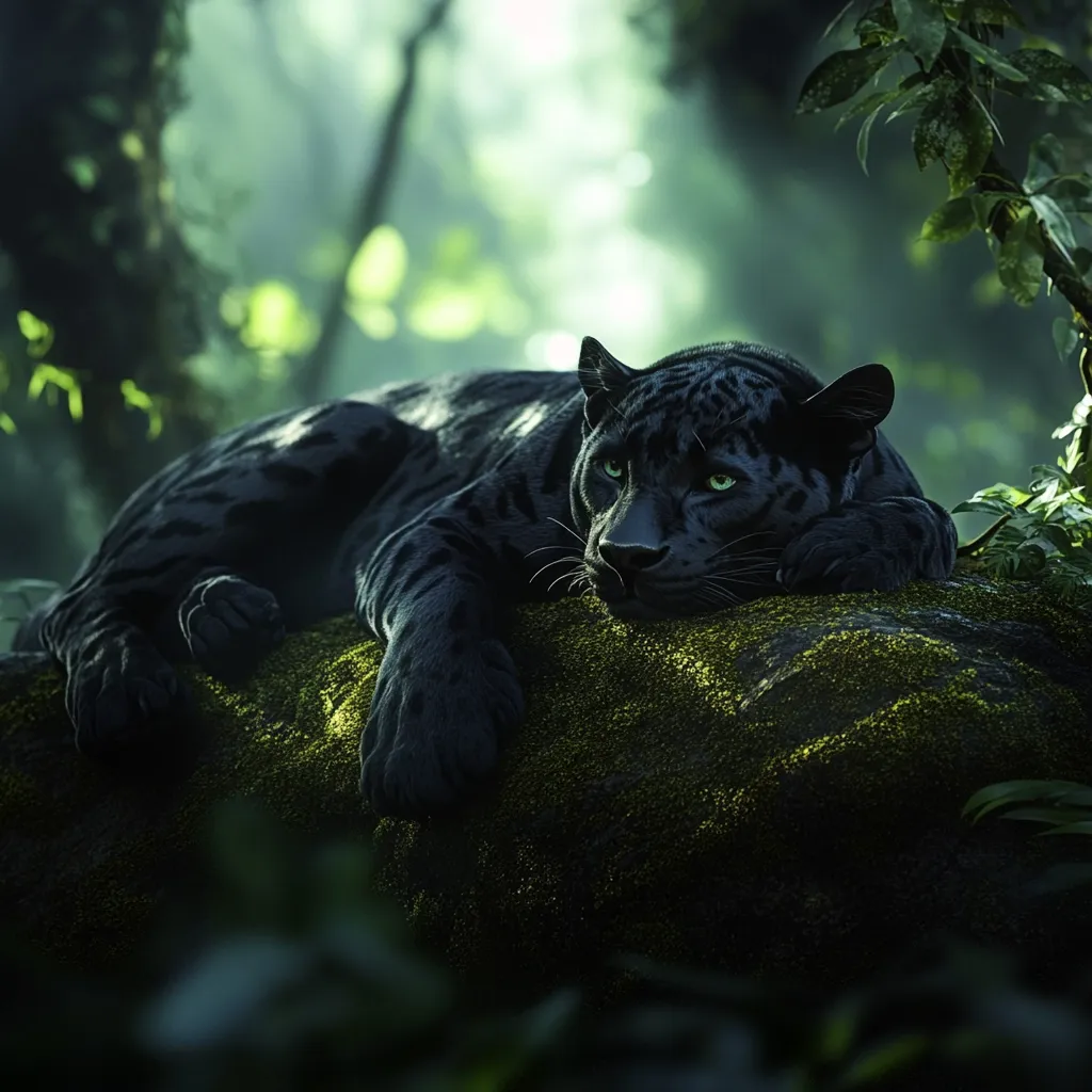 A majestic black panther rests on a moss-covered rock in a lush, green forest.  Its piercing green eyes gaze thoughtfully into the distance. The low light creates a dramatic, mystical atmosphere, highlighting the panther's sleek, dark fur and the vibrant green of the surrounding foliage.  The scene evokes a sense of quiet power and wild beauty.