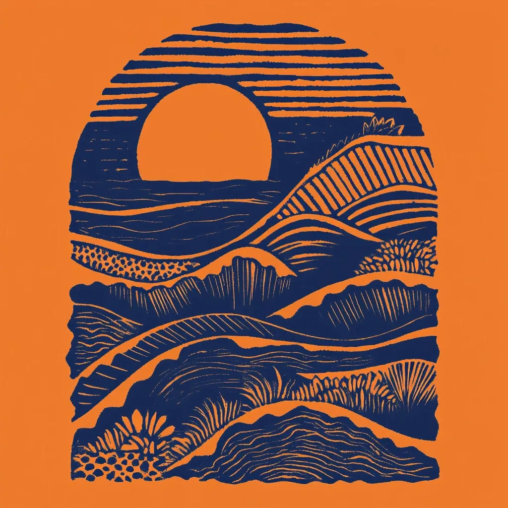 A linocut print depicts a stylized landscape within an arched frame.  The design features a bold orange background contrasting with dark blue imagery.  The scene shows a sun setting over a wavy ocean, followed by rolling hills and textured vegetation, all rendered in a graphic, almost abstract style.  The overall effect is a simple yet evocative depiction of nature.