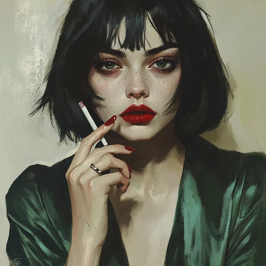 A digital painting of a woman with dark bobbed hair and freckled skin. She wears a dark green satin robe and holds a cigarette between her fingers adorned with red nail polish.  Her expression is serious, her red lips full and slightly parted.  The style is painterly and evocative, suggesting a mood of quiet intensity.  A gold ring is visible on her left ring finger.