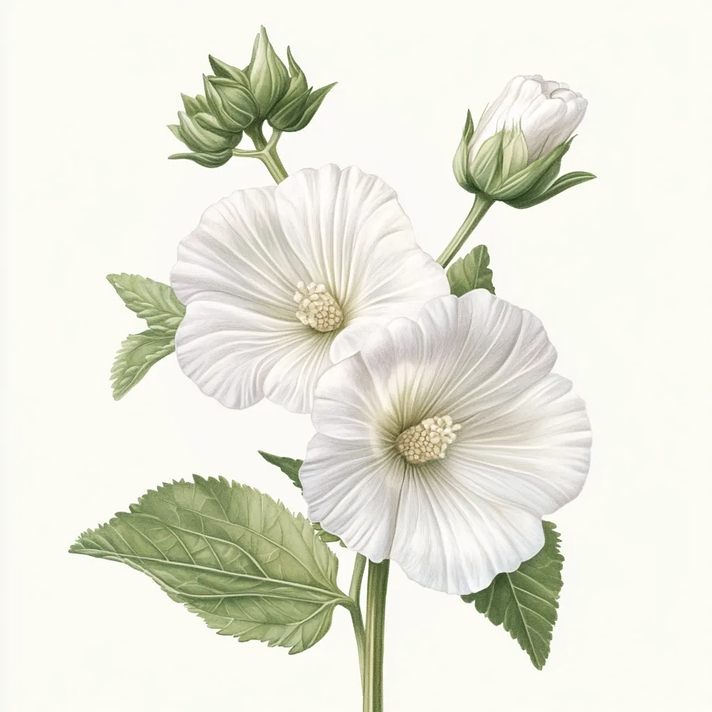 A botanical illustration showcases two pristine white hollyhock blossoms in full bloom.  Their delicate, pleated petals surround a central cluster of stamens.  Green buds and leaves, rendered with meticulous detail, complete the composition, creating a serene and elegant image.  The style suggests a classic, perhaps vintage, botanical print.