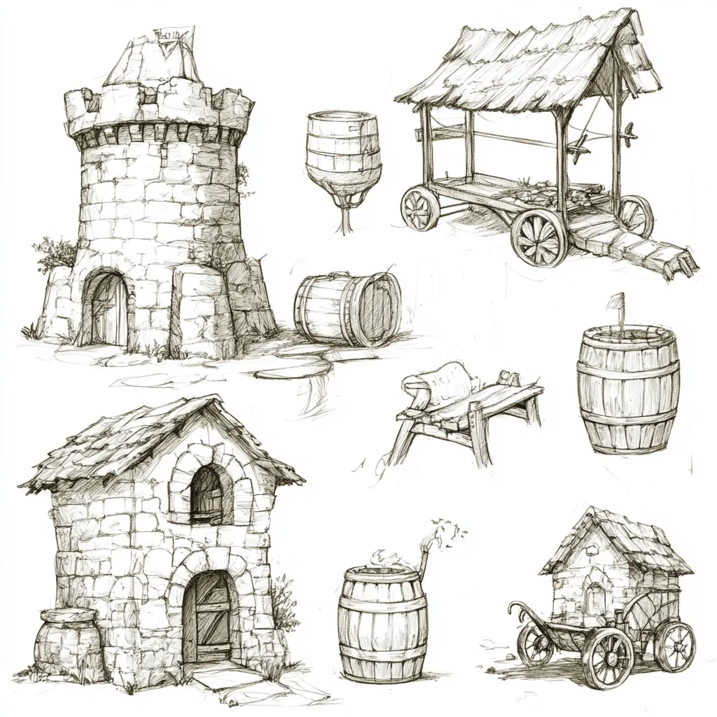 A collection of detailed pencil sketches depicts various medieval-style structures and objects.  Included are a stone tower, a small stone building, a thatched-roof cart, and several wooden barrels, some on stands or carts.  A simple wooden bench and a small stone house on wheels are also shown, all rendered in a consistent style suggesting architectural or game design concepts.