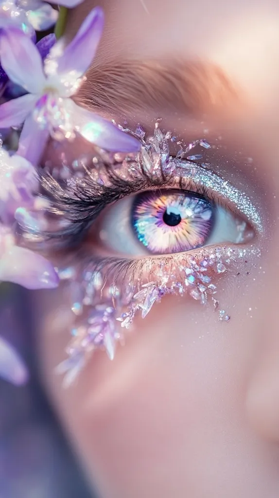A close-up shot showcases a captivating eye adorned with intricate makeup.  Delicate purple flowers and shimmering silver glitter create a fantastical, ethereal effect around the eye, which features a vibrant, iridescent contact lens. The overall impression is one of magical beauty and fantasy.