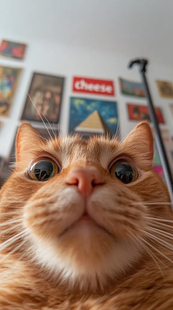 Close-up view of an orange tabby cat's face, its large eyes wide open, looking directly at the camera.  The cat's fur is soft and slightly fluffy, and its whiskers are prominent.  The background is blurred but shows framed pictures on a wall, including one with the word "cheese." The overall impression is one of playful curiosity.