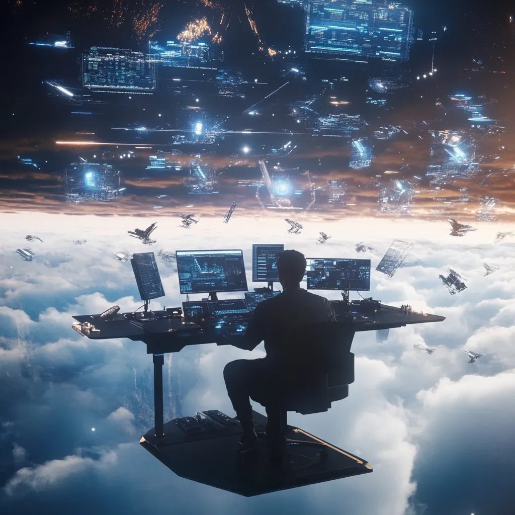 A lone figure sits at a futuristic control console, high above a cloudscape.  Numerous spaceships are visible below, and a sky filled with holographic data streams swirls overhead. The scene depicts a commanding officer monitoring a fleet of spacecraft in a technologically advanced, possibly space-based, military operation.  The image is dark, emphasizing the silhouette of the operator against the bright displays.