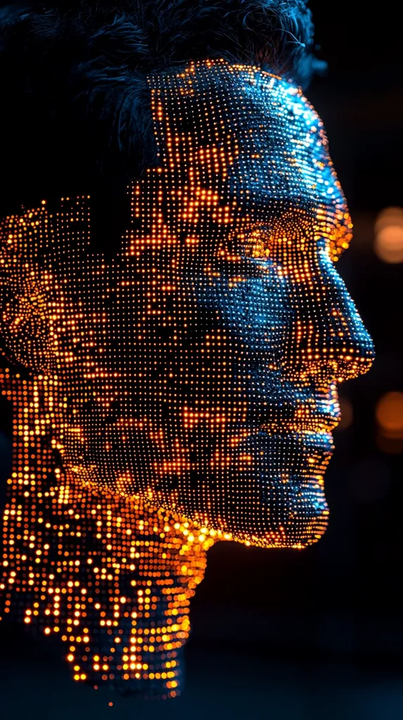 A stylized digital rendering of a human head and shoulders is shown in profile view.  The image is composed of thousands of small, glowing orange and blue lights, creating a three-dimensional effect.  The dark background emphasizes the luminescence of the lights, suggesting a futuristic or technological theme. The overall impression is one of digital artistry and innovation.