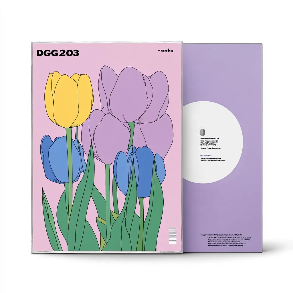 A minimalist album cover featuring a pastel pink background and a bouquet of stylized tulips in yellow, purple, and blue. The title "DGG203" and artist "-verbo" are displayed.  A separate lilac-colored sleeve is included, providing album information in a circular inset.  The overall aesthetic is clean and modern, suggesting a calming or introspective musical style.