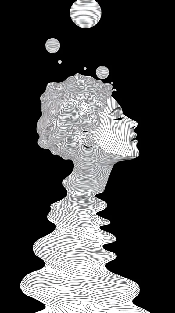 A stylized line drawing of a woman's head and shoulders merging into a flowing, wavy form against a black background.  The woman's face is serene, eyes closed, her hair appearing as swirling lines.  Above her, small and large circles suggest bubbles or planets, adding a surreal and dreamlike quality to the piece. The overall effect is one of fluidity and tranquility.