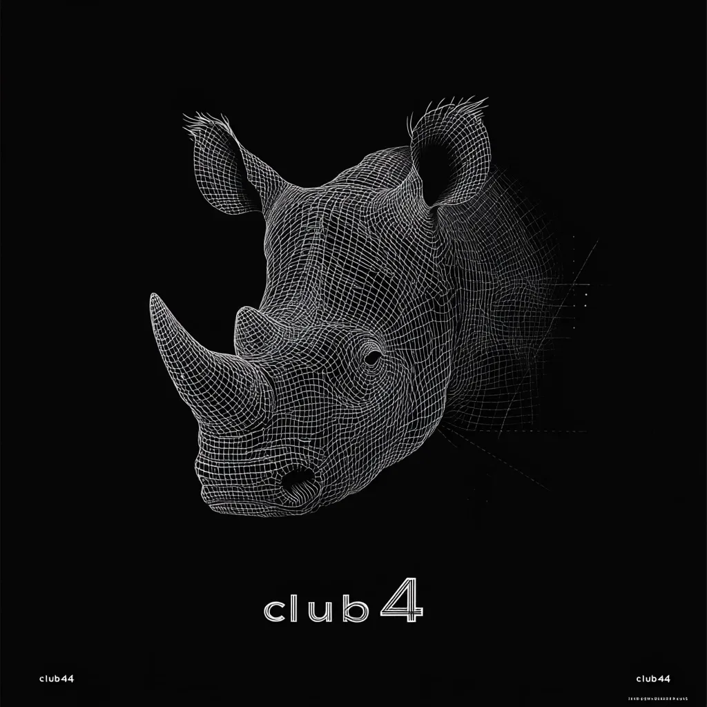 A wireframe rendering of a rhinoceros head is centrally positioned against a black background.  The image is minimalist and stylized, with the rhino depicted in a grid-like structure.  The text "club 4" is displayed prominently beneath the rhino, suggesting a logo or branding element for a club or establishment.  The overall aesthetic is sleek and modern.