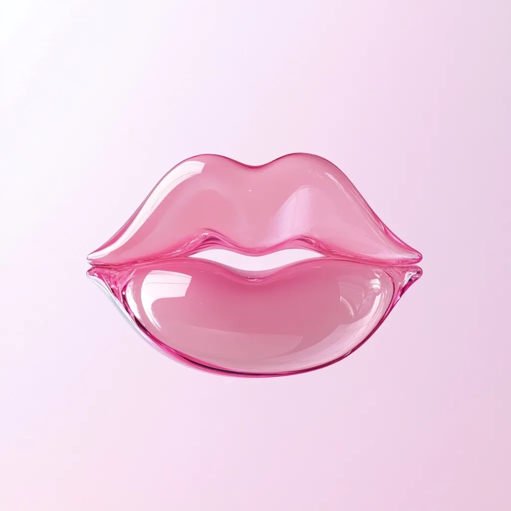A pair of glossy, pink lips are presented against a soft pink background.  The lips are rendered in a three-dimensional, almost glass-like style, with a smooth, reflective surface. The image is clean, simple, and suggestive of beauty and sensuality. The light pink hue creates a delicate and feminine aesthetic.