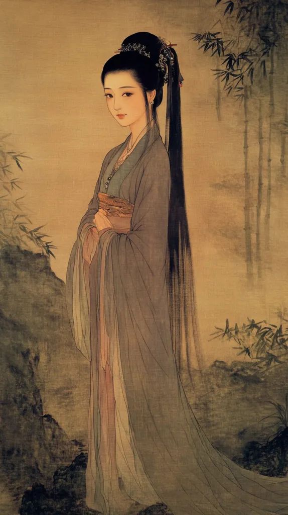 The painting depicts a graceful woman in traditional East Asian attire.  She stands serenely, her long dark hair cascading down her back, elegantly dressed in flowing robes of muted tones.  The background features a serene landscape with bamboo stalks, creating a peaceful and contemplative mood.  The woman's gentle expression and poised posture convey a sense of quiet dignity and beauty. The style suggests a classical or perhaps even slightly romanticized depiction of a woman from a bygone era.