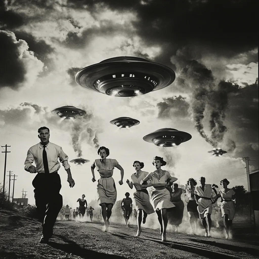 A black and white photograph depicts a scene of panic. Multiple flying saucers hover ominously in a cloudy sky above a group of people running in fear down a dusty road. A man in a suit leads the fleeing crowd, his expression one of terror. The women in dresses behind him add to the dramatic effect. The image evokes a classic science fiction scene, possibly referencing the anxieties of the Cold War era and UFO sightings.