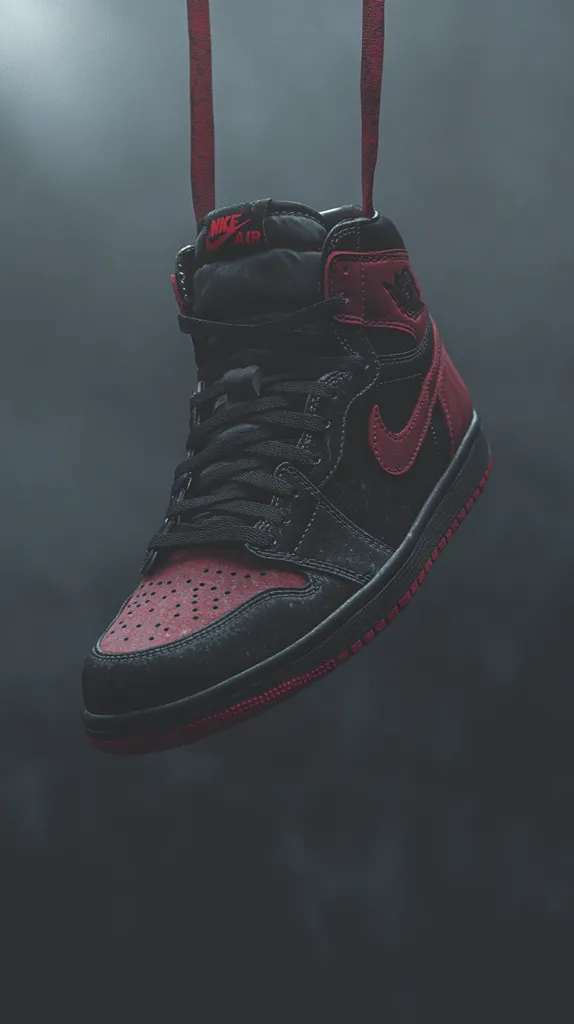 A single Air Jordan 1 sneaker hangs suspended mid-air by its laces.  The shoe is predominantly black with maroon accents on the swoosh and heel.  The background is dark and smoky, creating a dramatic, moody atmosphere.  The image focuses on the sneaker's texture and details, highlighting its sleek design. The red laces add a striking contrast to the dark color scheme.